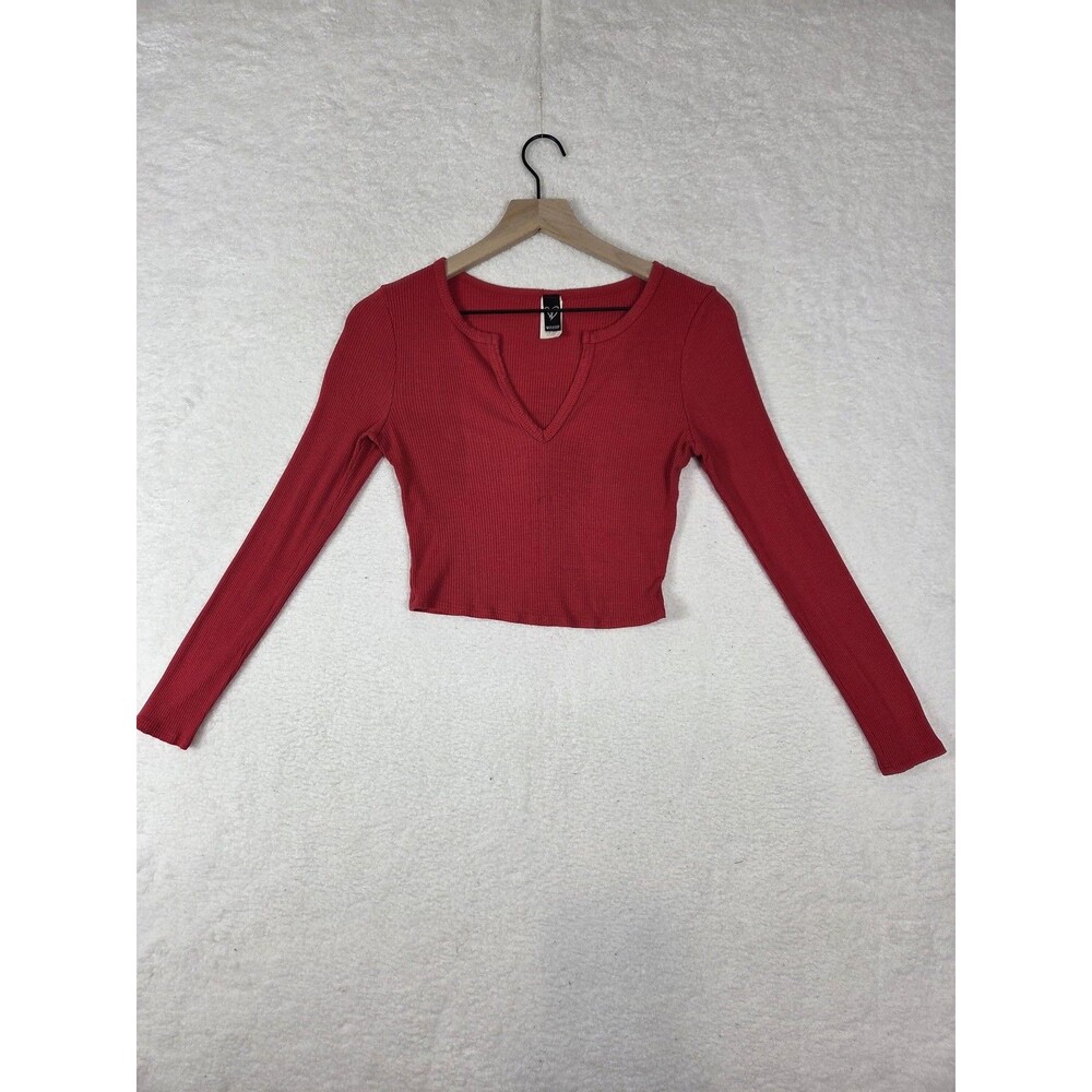 Vtg Y2k Ribbed Knit Crop Top L Red Rayon Long Sleeve Stretchy Preppy Bias Casual
